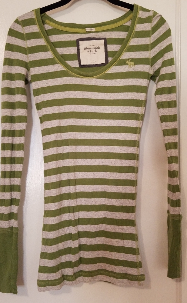 Abercrombie Green and Grey Striped Knit Shirt